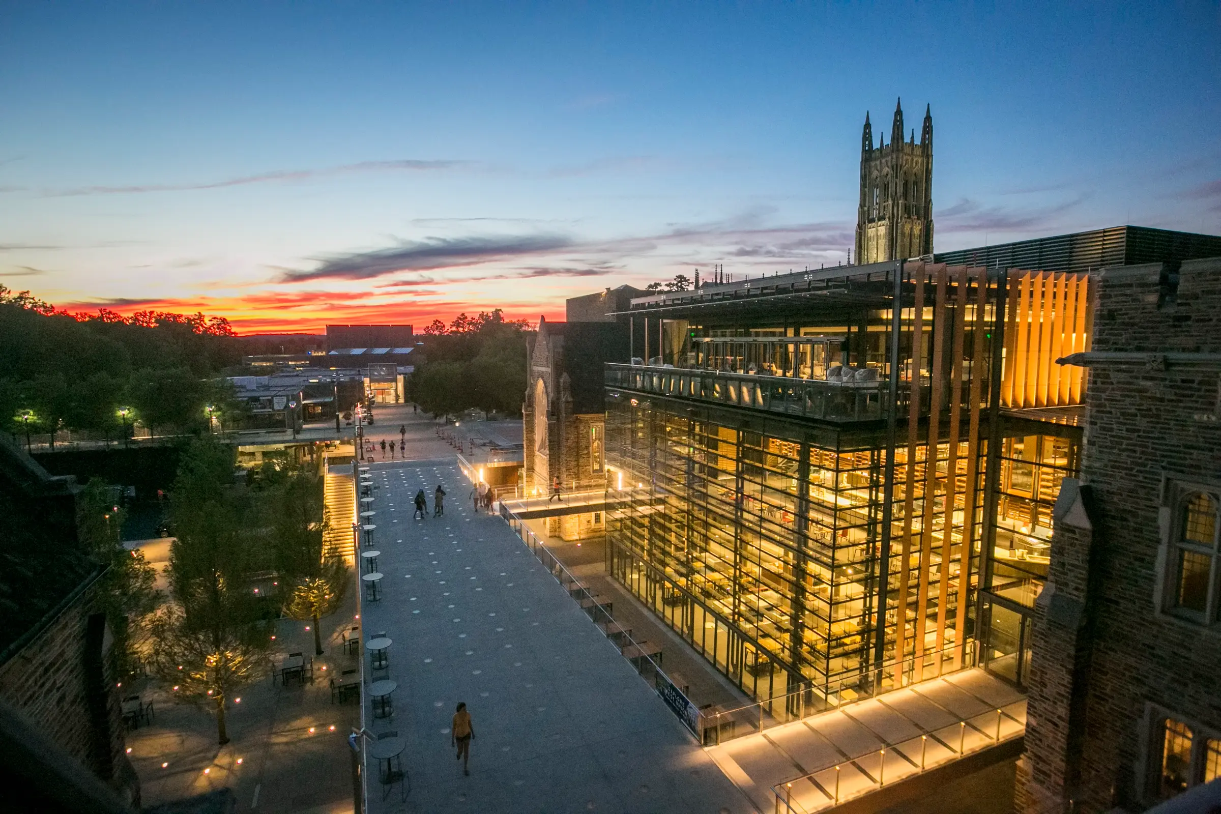 Duke's West Union and Chapel tower at dusk